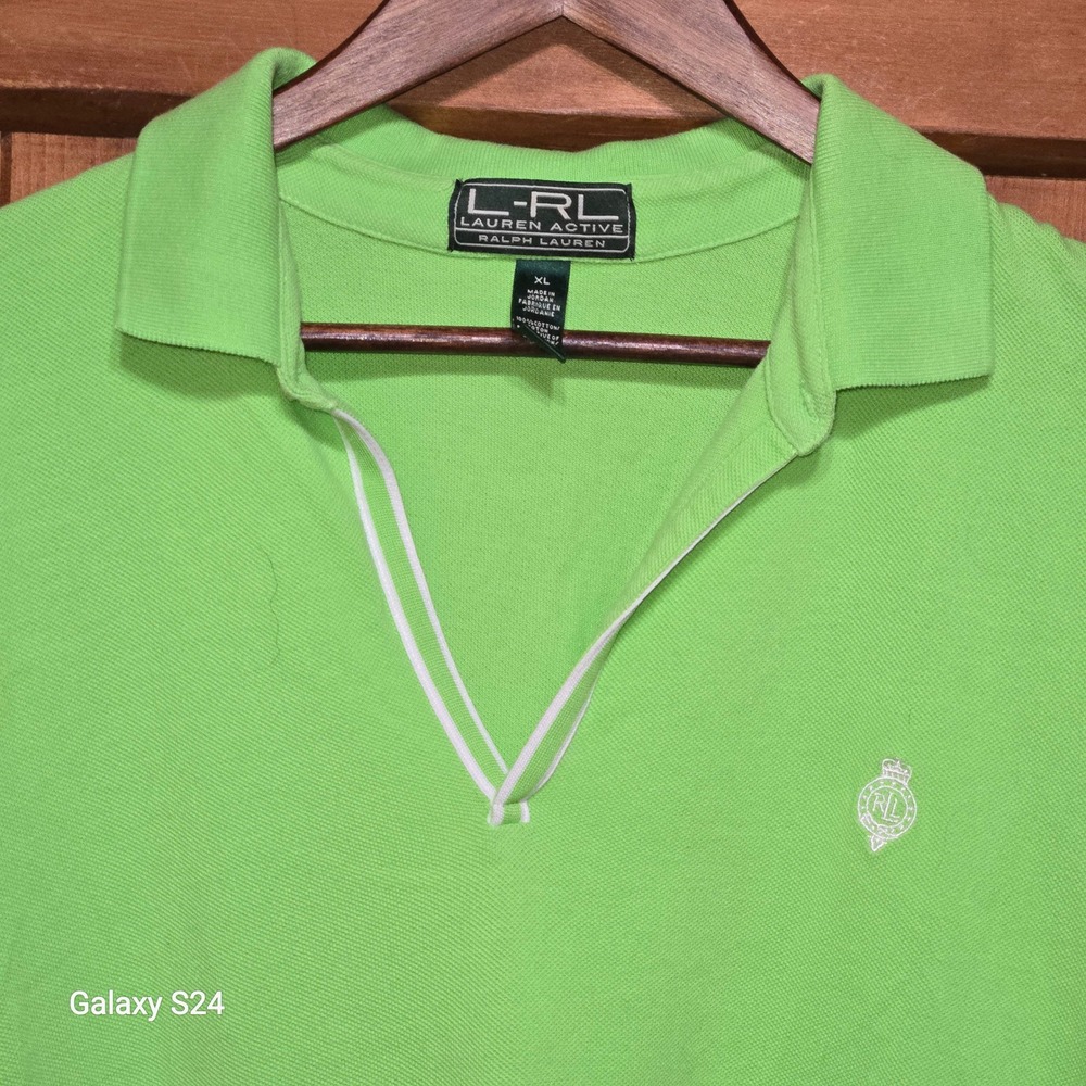 Lauren Active Ralph Lauren Lime Green V-Neck Polo‎ Shirt Womens XL Cotton Crest